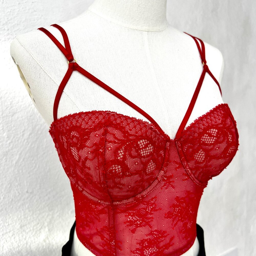 EXCELLENT COND! Victoria's Secret Very Sexy Red Lace Cage Bustier Corset Sz 32DD